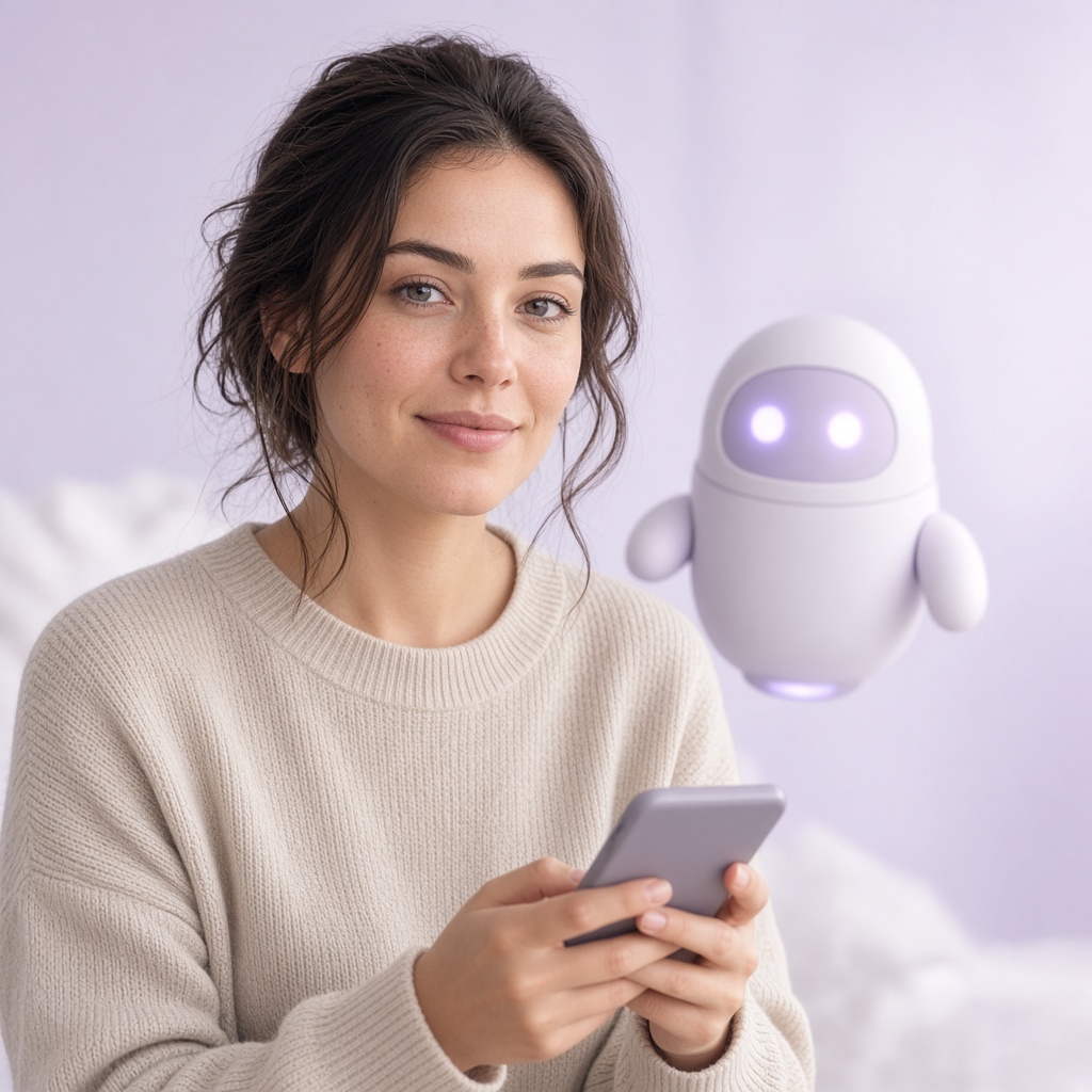 A person writing a post, with a small helper robot nearby